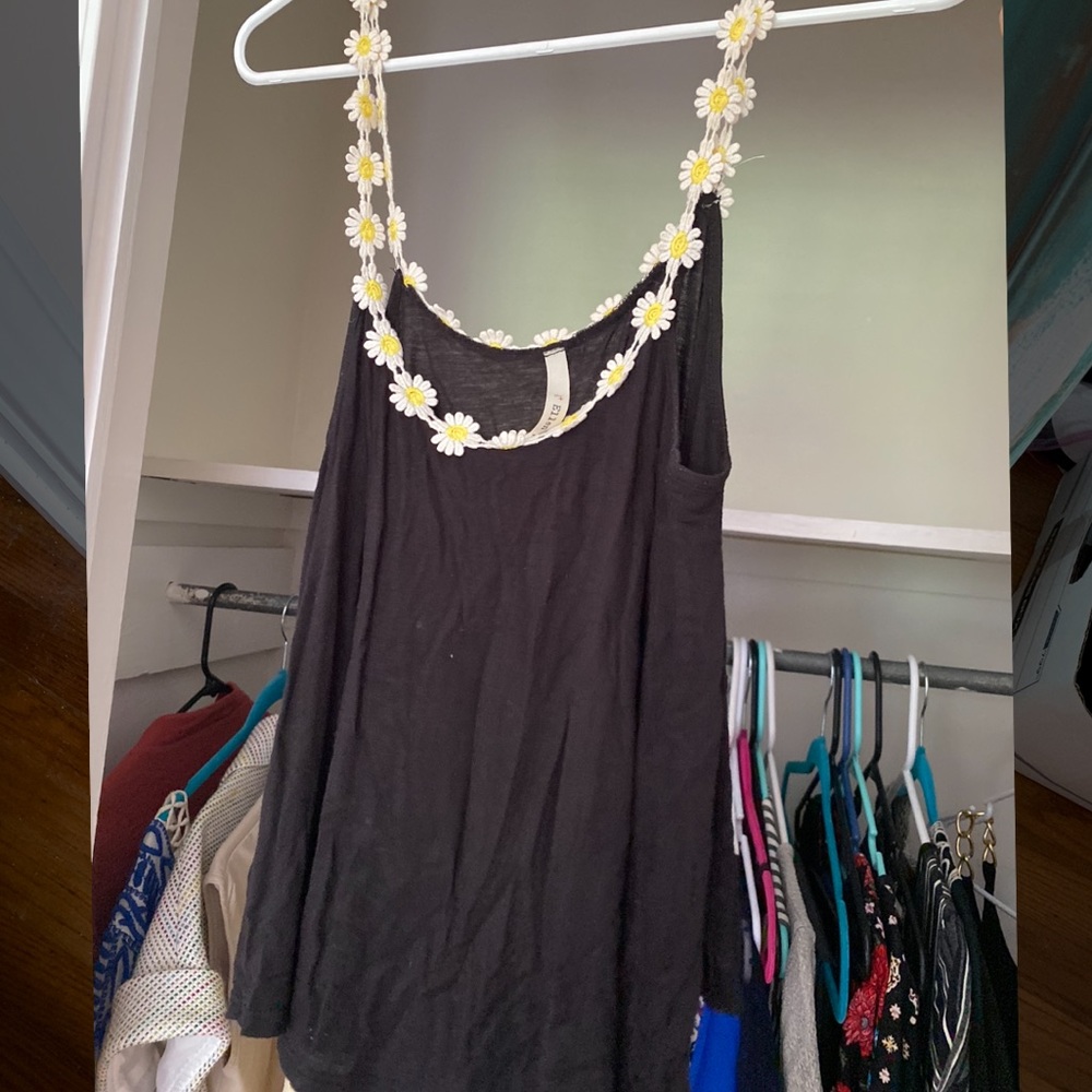 Black Tank Top with Embroider Flower Straps